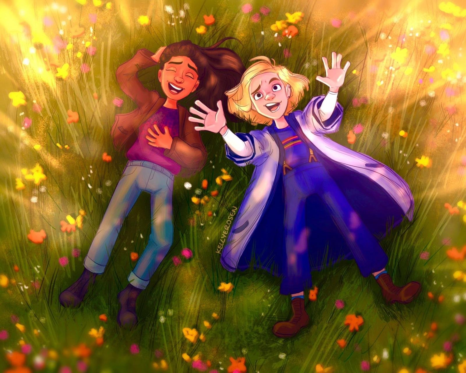 An illustration of Yaz and the Thirteenth Doctor lying on their backs in a field of flowers and looking up at the sky. Yaz is laughing and the Doctor is gesturing with her hands