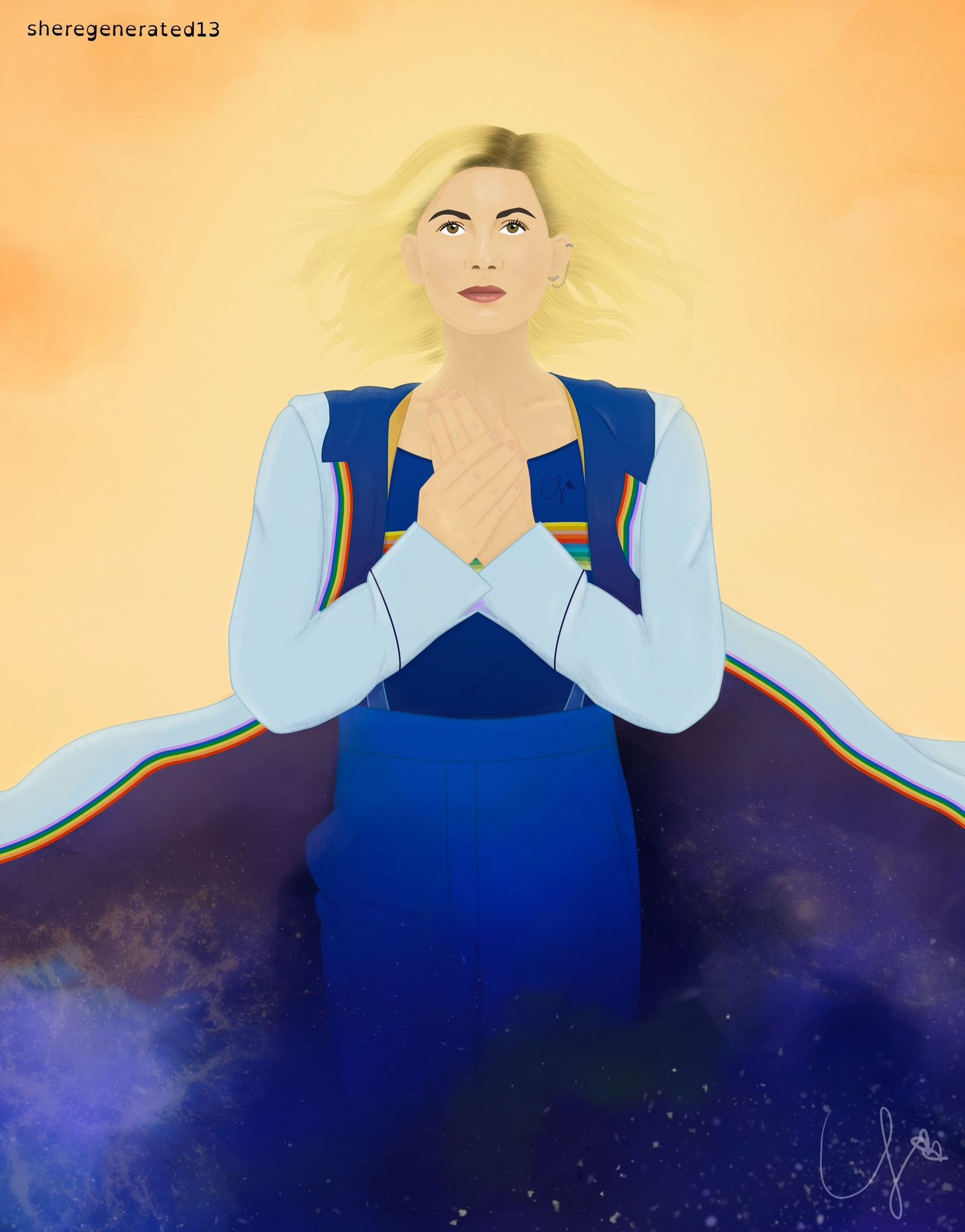 An illustration of the 13th Doctor cupping her hands. Her coat billows out behind her and she is surrounded by a warm yellow glow