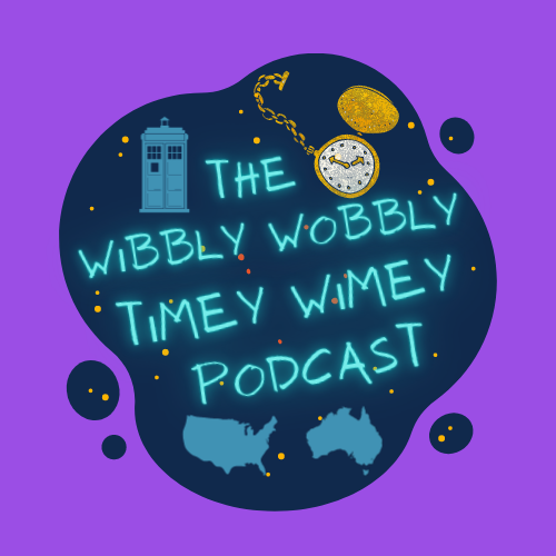 The logo consists of a dark blue blob on a purple background, with golden and dark orange dots to indicate stars. Bright neon letters saying “The Wibbly Wobbly Timey Wimey Podcast” are centred on the blob, and surrounded by a blue silhouette illustration of the TARDIS in the top left, an illustration of a pocket watch in the top right, the face being coloured a glittering white and the casing, hands, and dots indicating the numbers around the face coloured in a glittering gold, and simple blue graphics of both USA and Australia, on the left and right respectively.